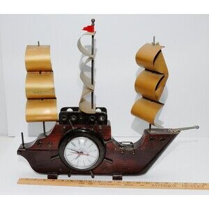 Vintage MCM Sailing Ship Electric Clock Lamp 19" Model For Parts or Project Non